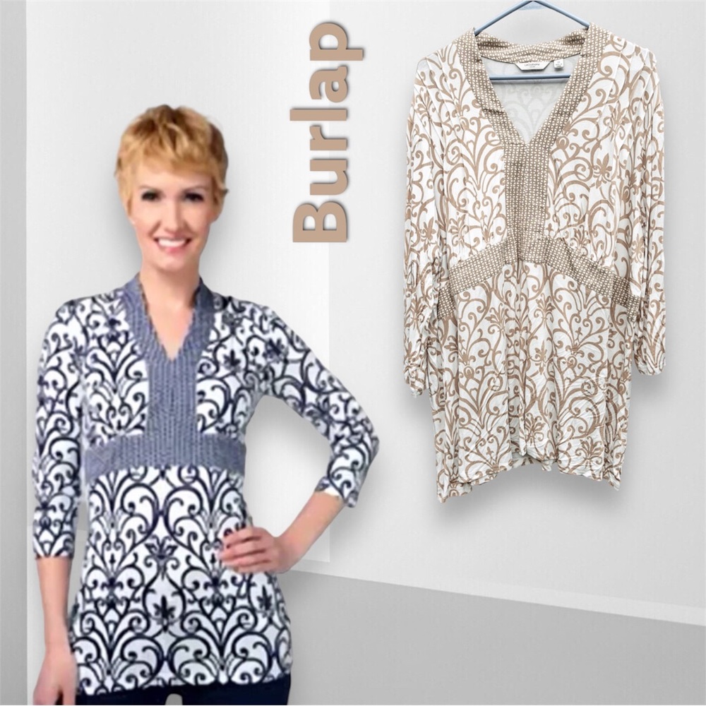 Liz Claiborne 3/4 Sleeve Twin Print Knit Tunic, 2X Ivory/Burlap